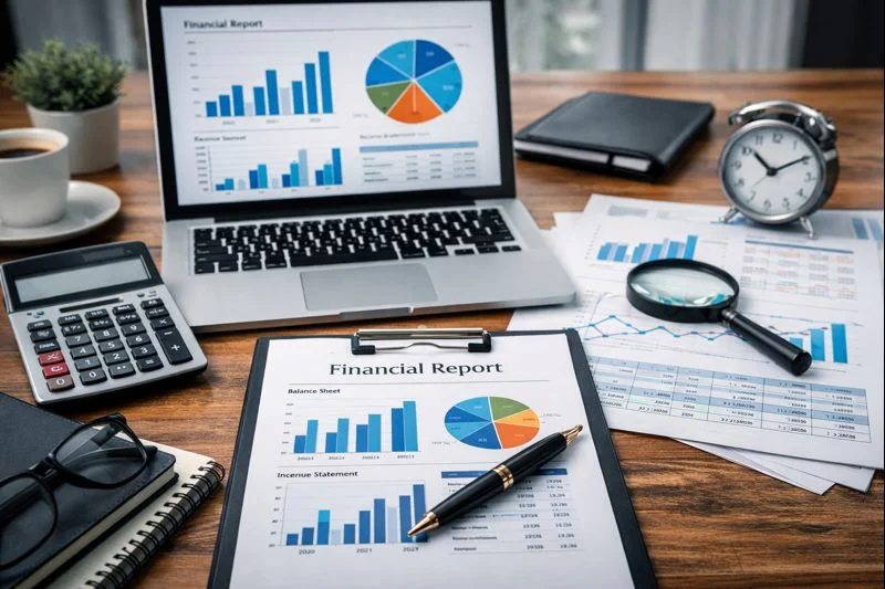Ilustrasi neraca perusahaan dengan pos aset, liabilitas, dan ekuitas untuk analisis fundamental saham