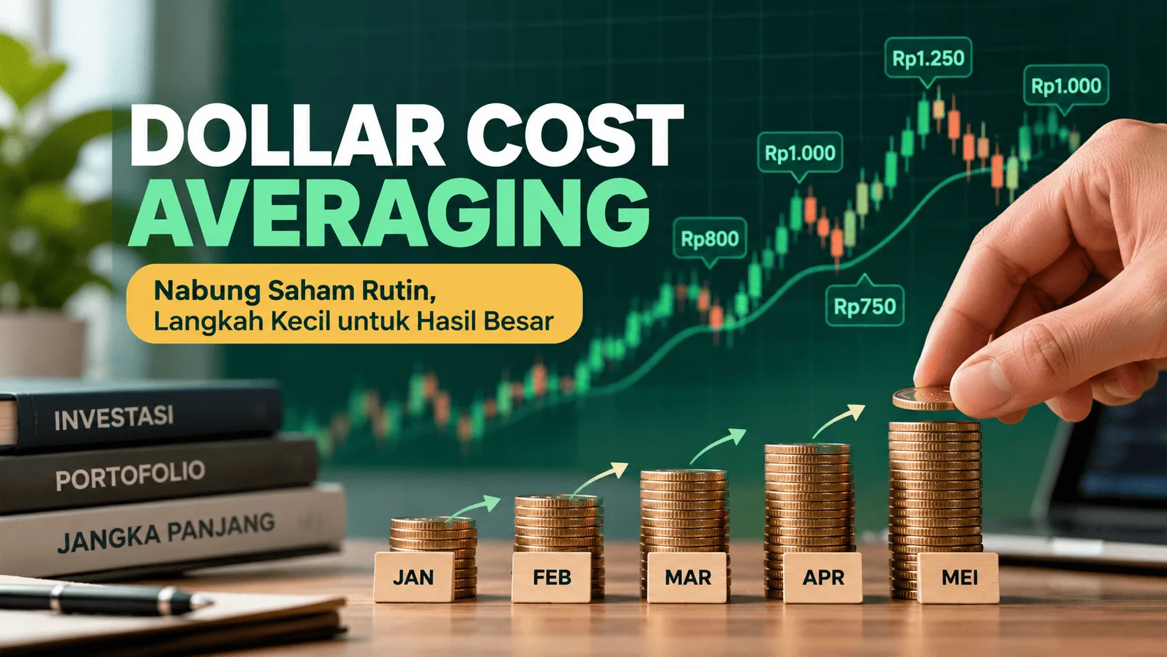 Ilustrasi strategi dollar cost averaging (DCA) untuk menabung saham secara rutin, dilengkapi simulasi pembelian berkala dan perhitungan harga rata-rata investasi.
